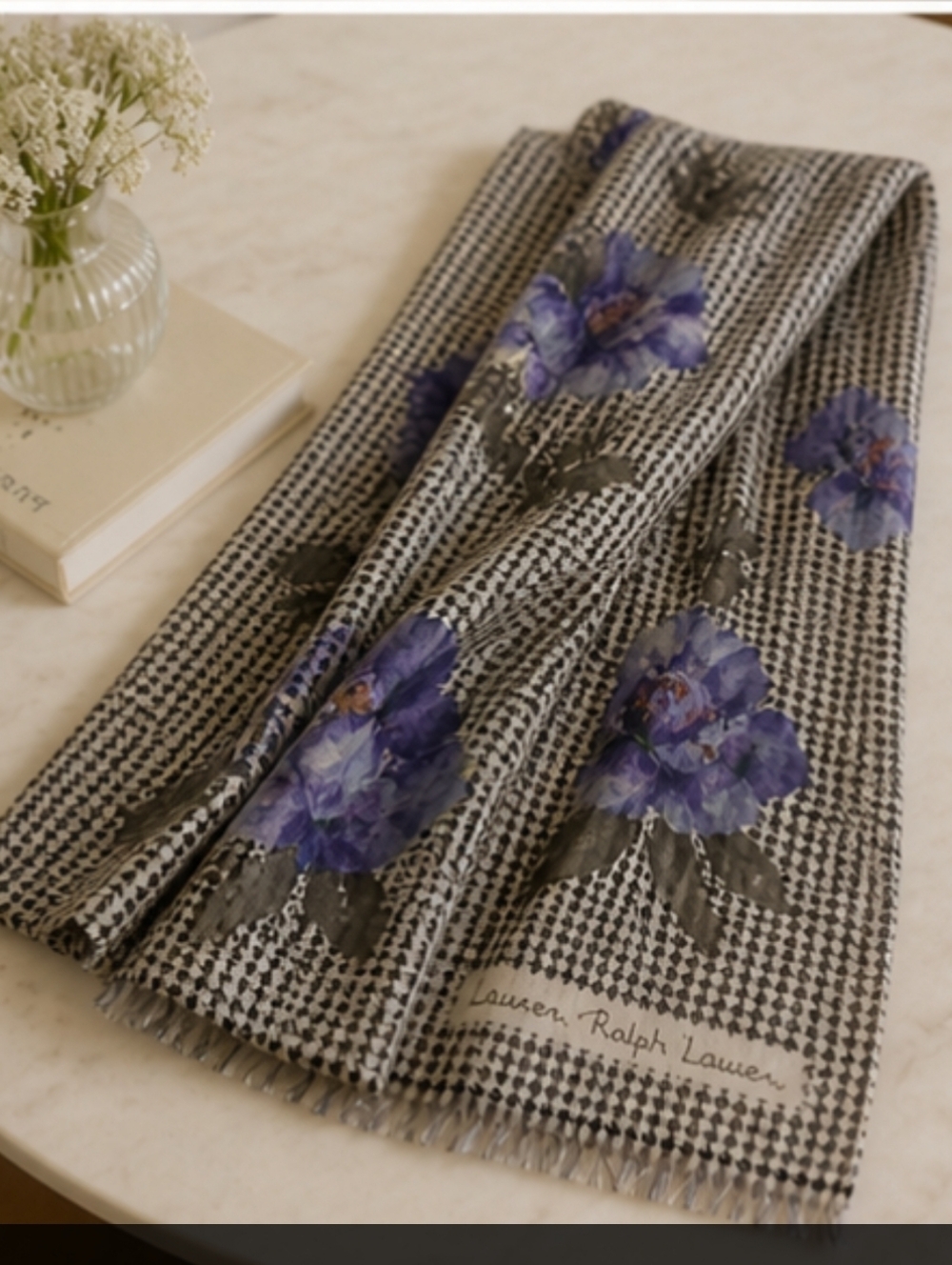 Vintage Ralph Lauren Silk Houndstooth & Floral Long Scarf Purple Flowers 12x52 - Picture 3 of 13